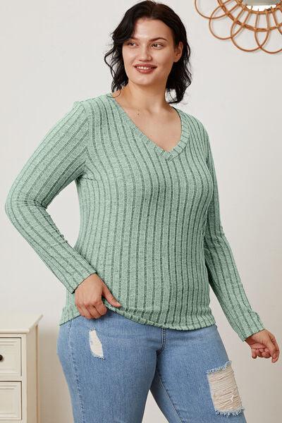 Get trendy with Full Size Ribbed V-Neck Long Sleeve T-Shirt - available at Styles Code. Grab yours today!