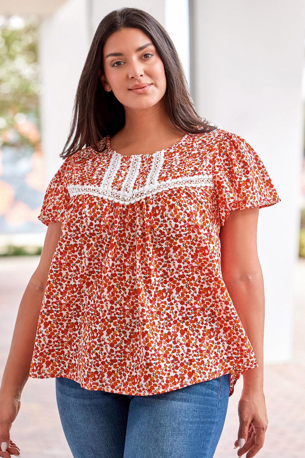 Get trendy with Plus Size Floral Lace Trim Round Neck Blouse - Plus Size available at Styles Code. Grab yours today!