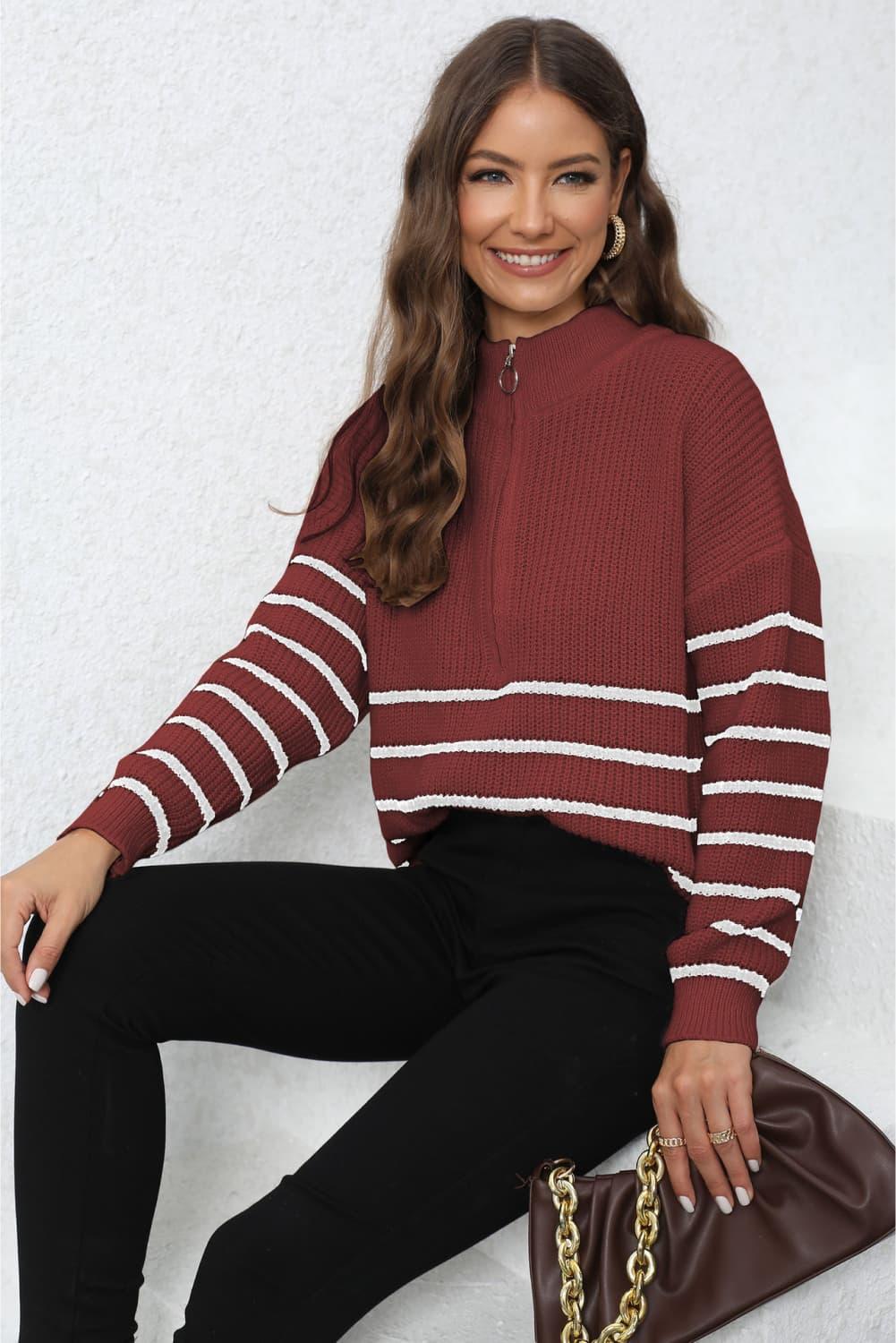 Get trendy with Mock Neck Long Sleeve Zip-Up Sweater - Sweater available at Styles Code. Grab yours today!