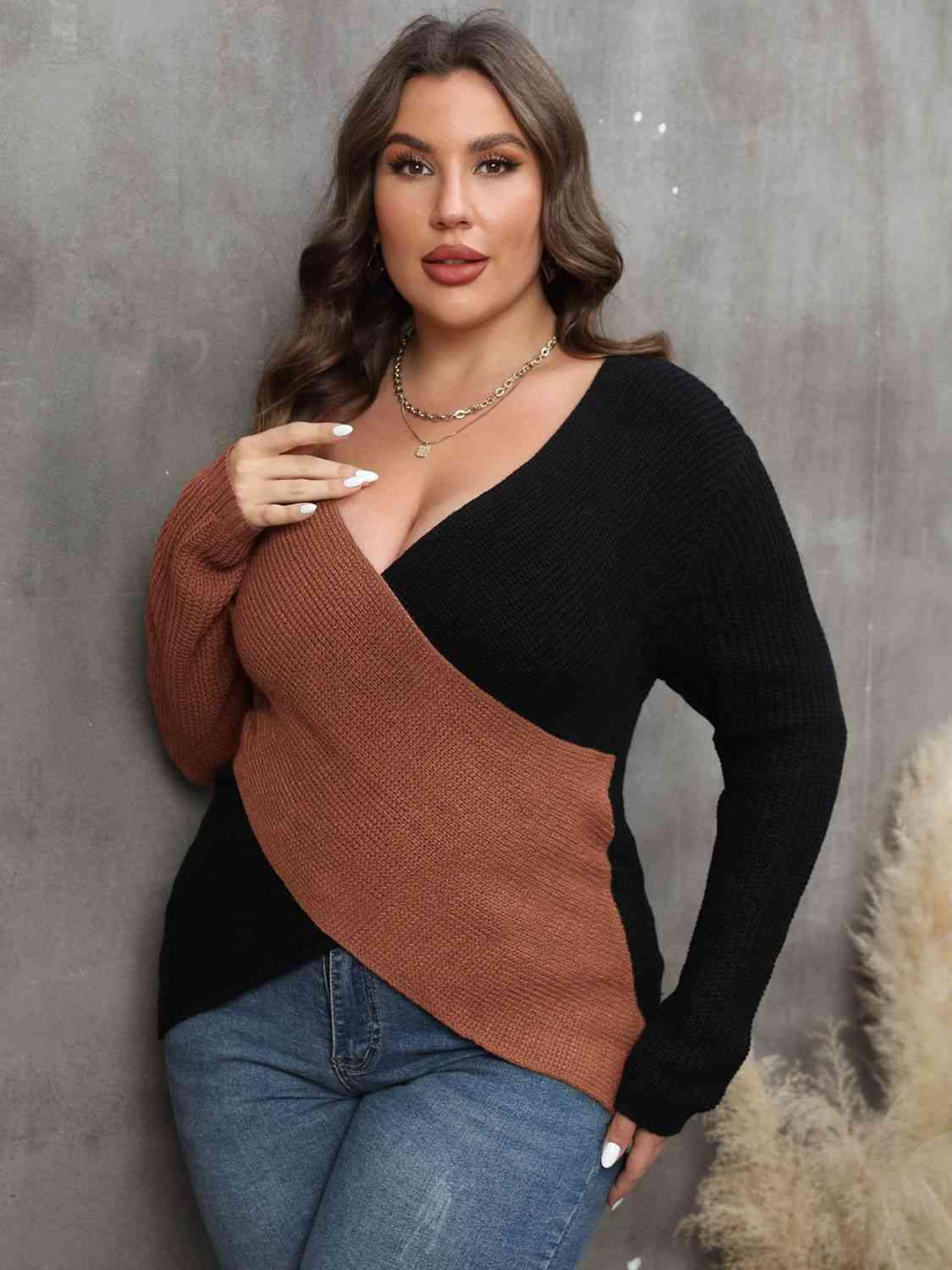 Get trendy with Plus Size Two-Tone Surplice Neck Sweater - Sweater available at Styles Code. Grab yours today!