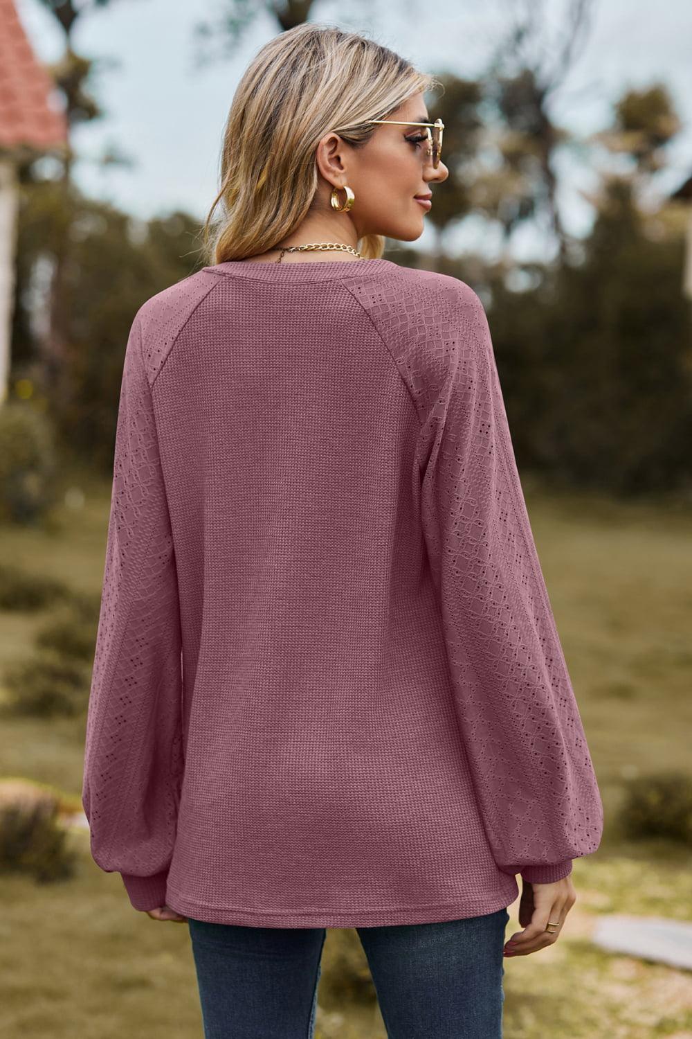 Get trendy with Notched Neck Raglan Sleeve Blouse - Tops available at Styles Code. Grab yours today!