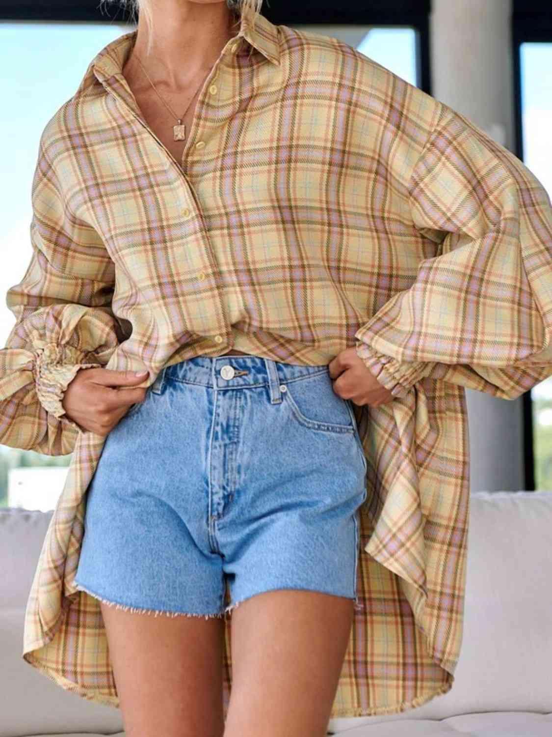 Get trendy with Plaid Lantern Sleeve Shirt - Shirt available at Styles Code. Grab yours today!