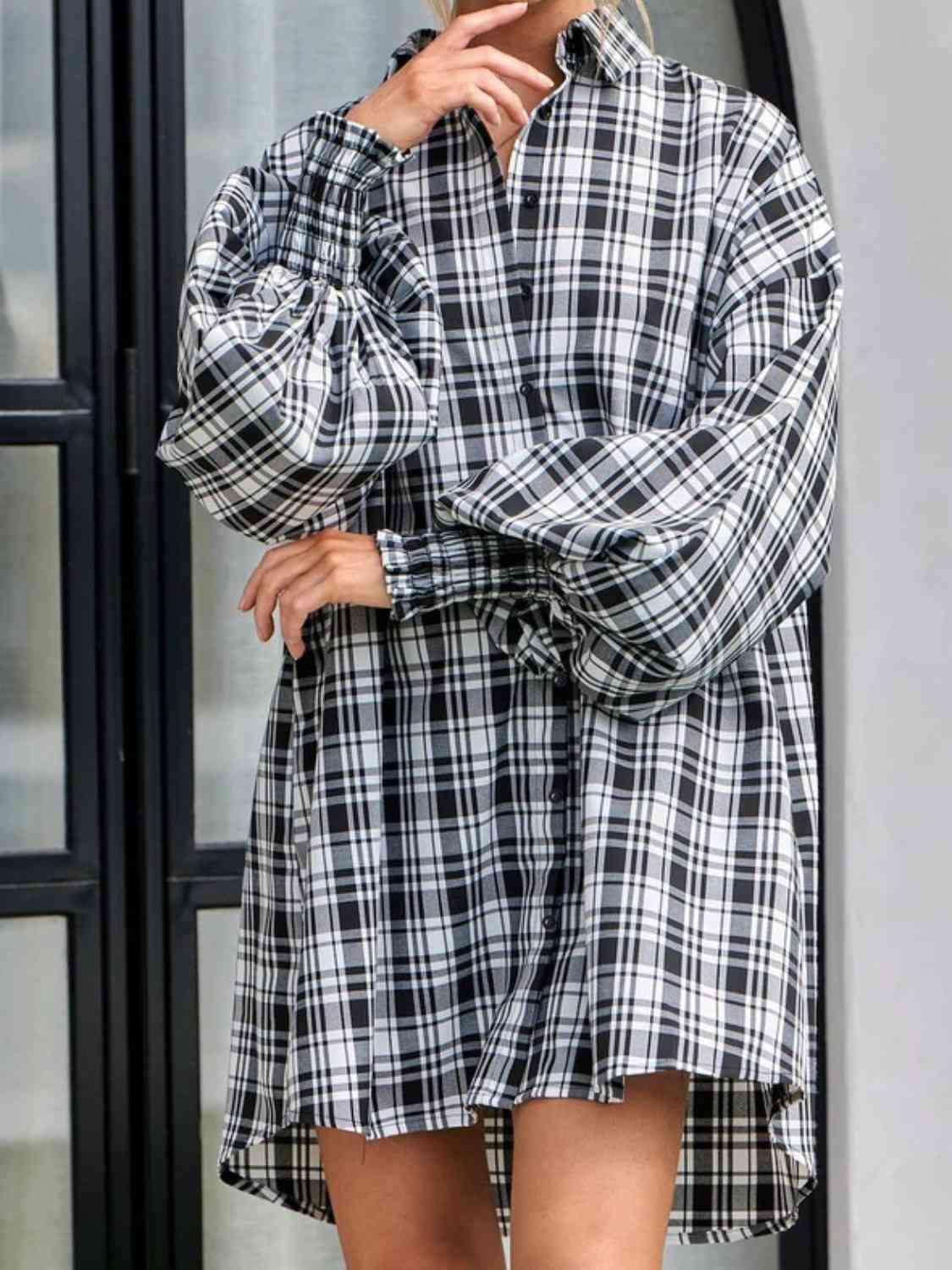 Get trendy with Plaid Lantern Sleeve Shirt - Shirt available at Styles Code. Grab yours today!