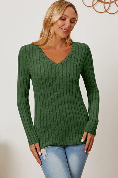 Get trendy with Full Size Ribbed V-Neck Long Sleeve T-Shirt - available at Styles Code. Grab yours today!