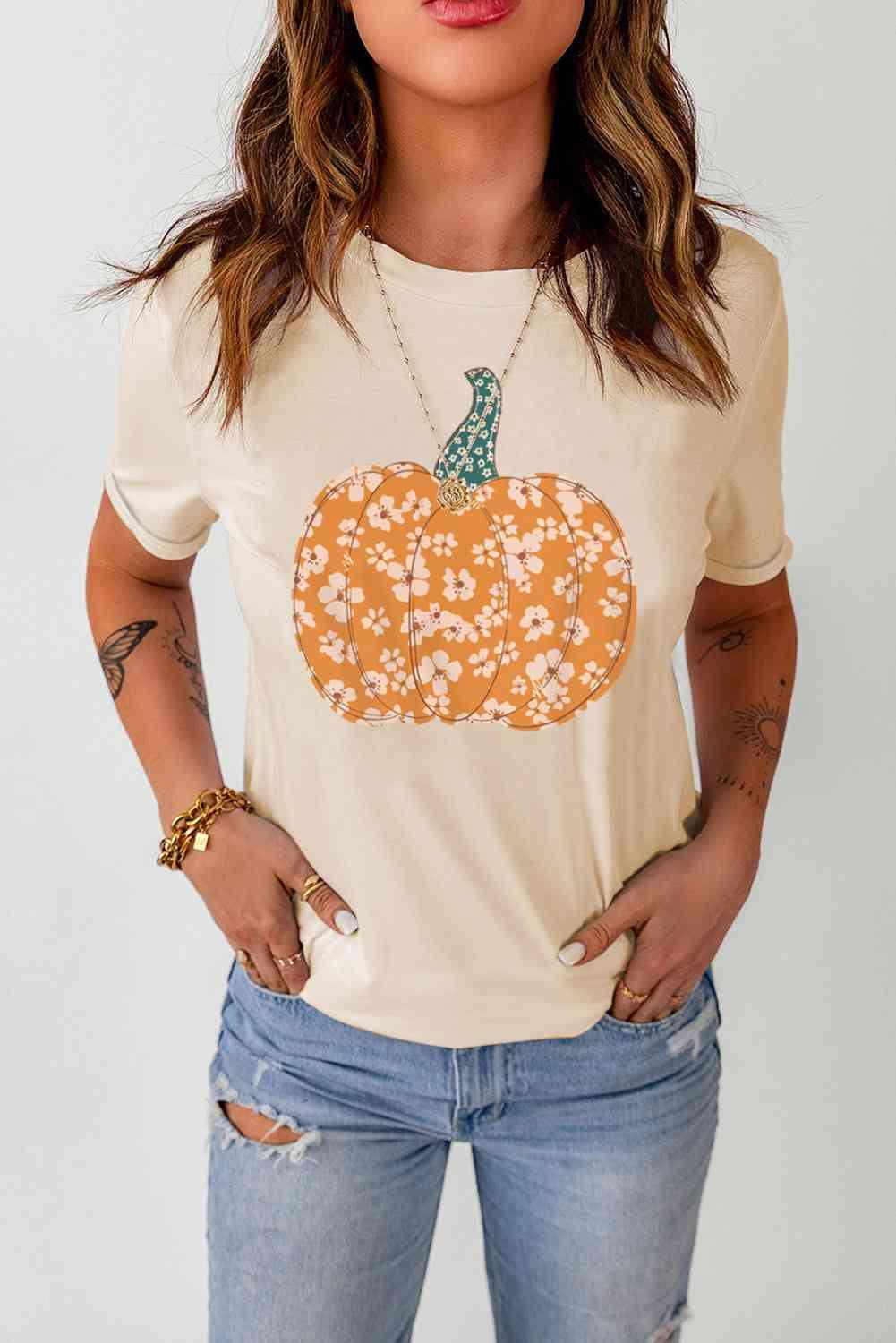 Get trendy with Pumpkin Graphic Round Neck Cuffed T-Shirt - T-Shirt available at Styles Code. Grab yours today!