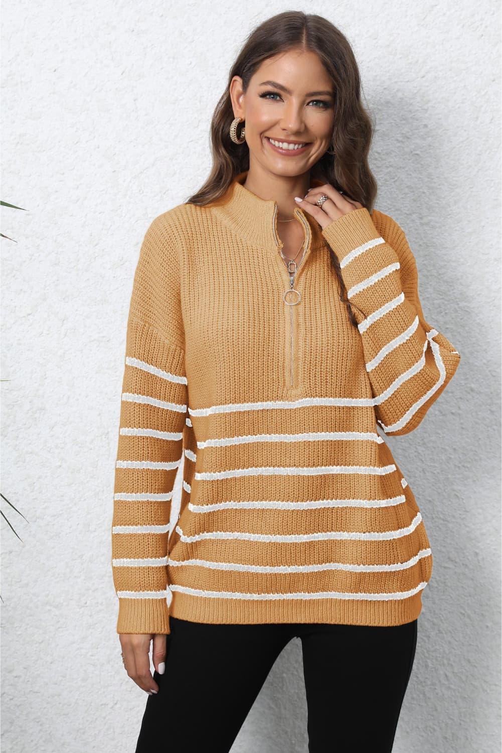 Get trendy with Mock Neck Long Sleeve Zip-Up Sweater - Sweater available at Styles Code. Grab yours today!