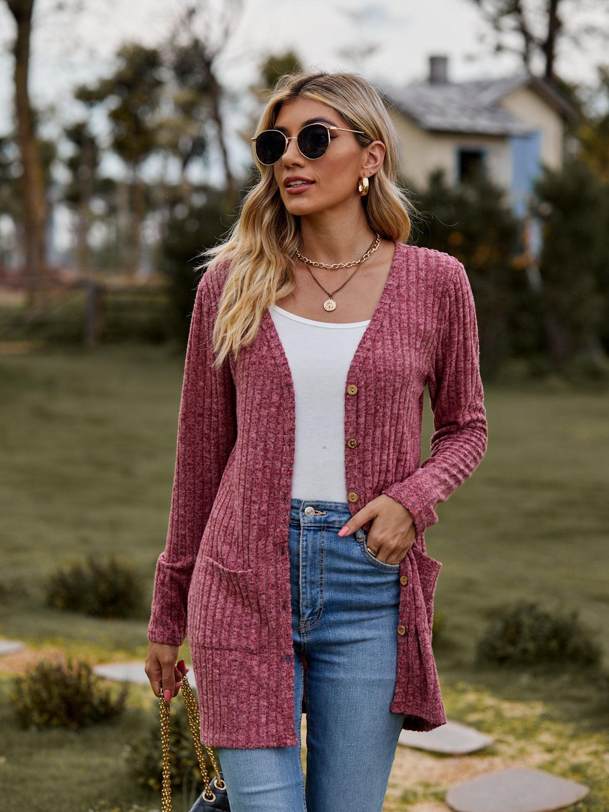 Get trendy with Ribbed Button-UP Cardigan with Pockets - Tops available at Styles Code. Grab yours today!