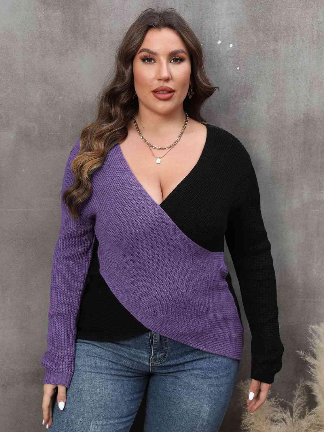 Get trendy with Plus Size Two-Tone Surplice Neck Sweater - Sweater available at Styles Code. Grab yours today!