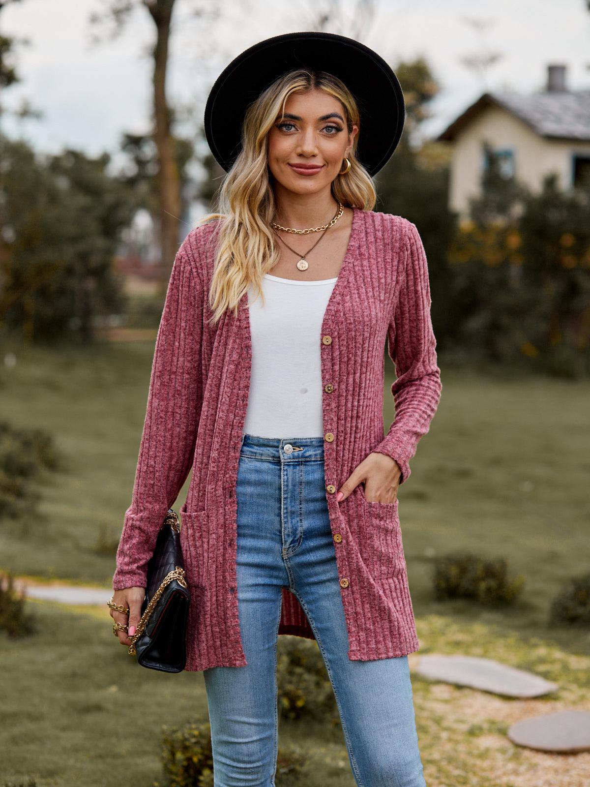 Get trendy with Ribbed Button-UP Cardigan with Pockets - Tops available at Styles Code. Grab yours today!