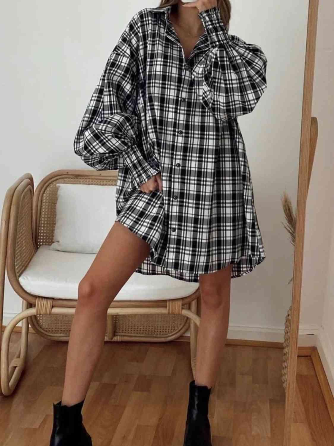Get trendy with Plaid Lantern Sleeve Shirt - Shirt available at Styles Code. Grab yours today!