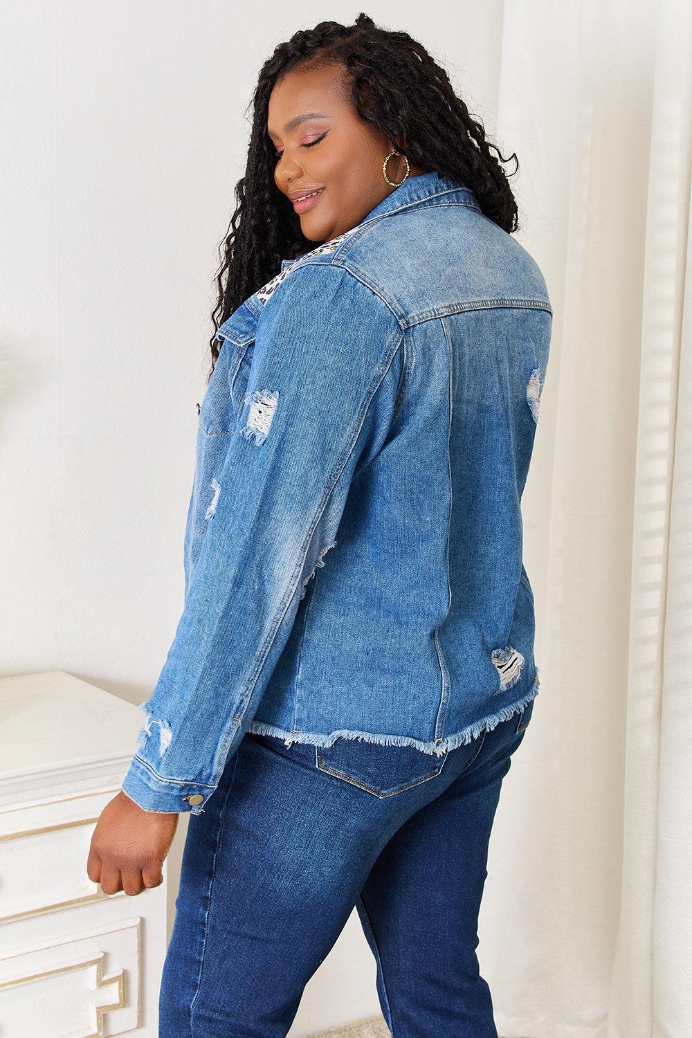Get trendy with Floral Distressed Denim Jacket - Denim Jacket available at Styles Code. Grab yours today!