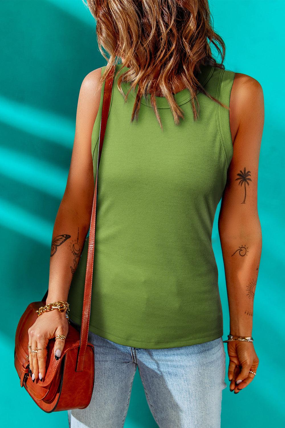 Get trendy with Round Neck Sleeveless Tank - Tops available at Styles Code. Grab yours today!