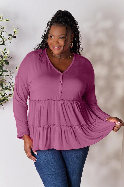 Get trendy with Half Button Ruffle Hem Blouse - Blouse available at Styles Code. Grab yours today!