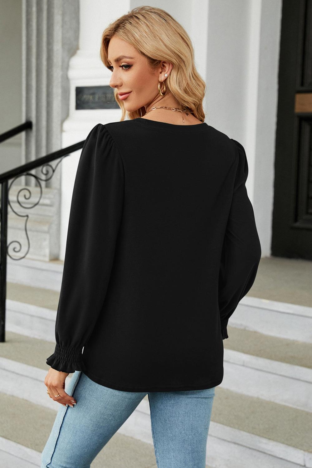 Get trendy with Round Neck Smocked Flounce Sleeve Blouse - Tops available at Styles Code. Grab yours today!