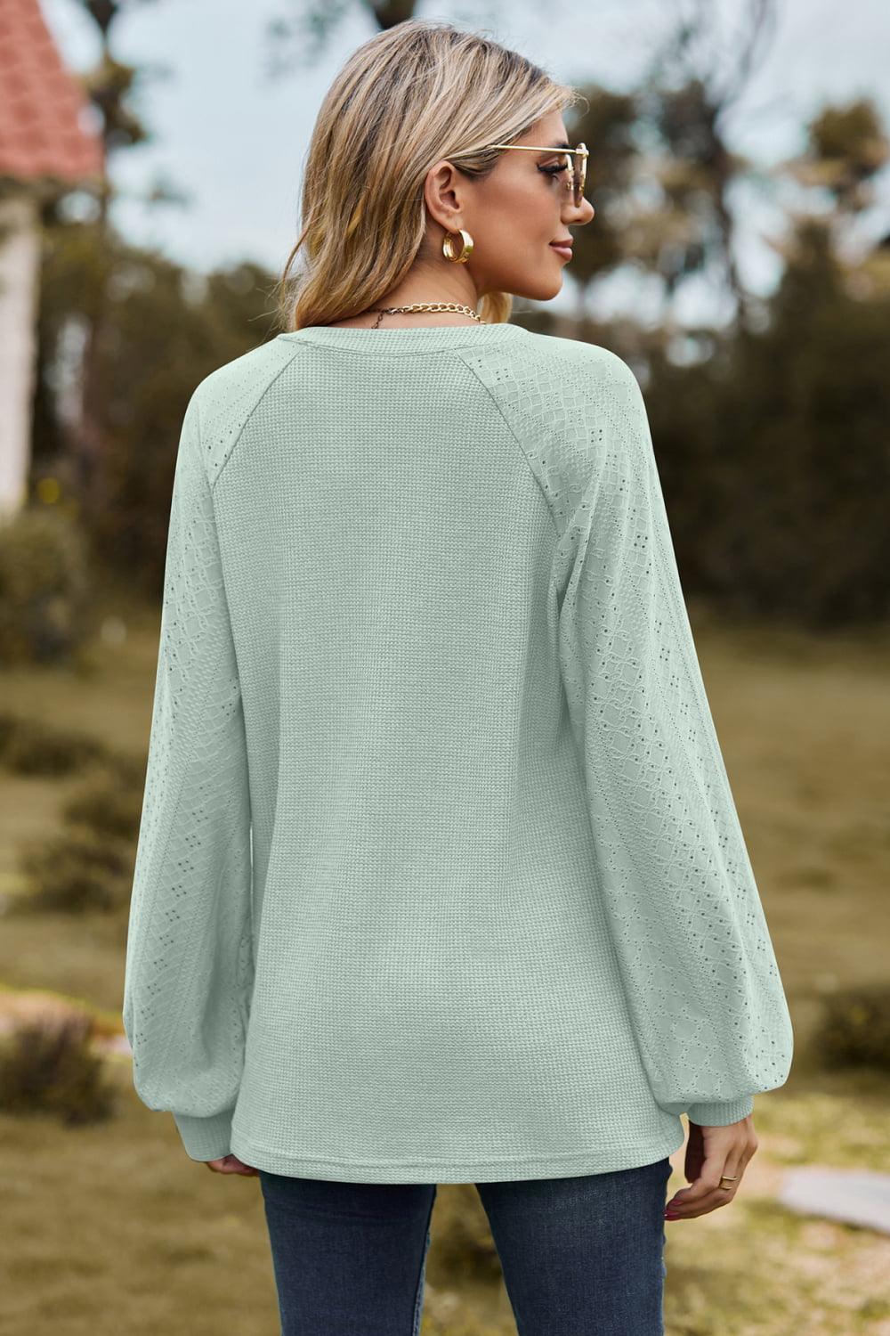 Get trendy with Notched Neck Raglan Sleeve Blouse - Tops available at Styles Code. Grab yours today!