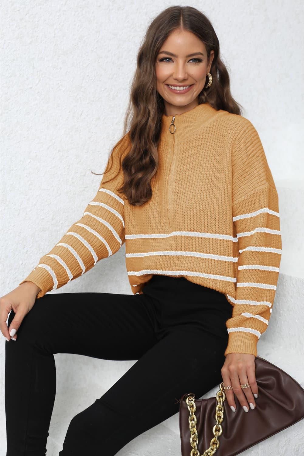 Get trendy with Mock Neck Long Sleeve Zip-Up Sweater - Sweater available at Styles Code. Grab yours today!