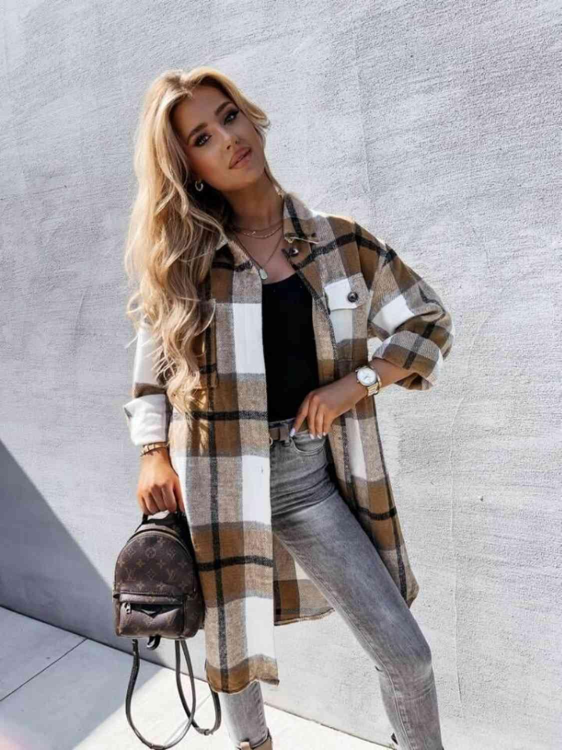 Get trendy with Plaid Collared Neck Longline Shirt - Shirt available at Styles Code. Grab yours today!