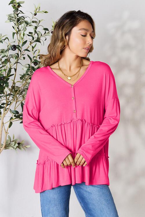 Get trendy with Half Button Ruffle Hem Blouse - Blouse available at Styles Code. Grab yours today!