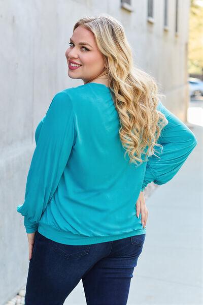 Get trendy with Full Size V-Neck Lantern Sleeve Blouse - Blouse available at Styles Code. Grab yours today!