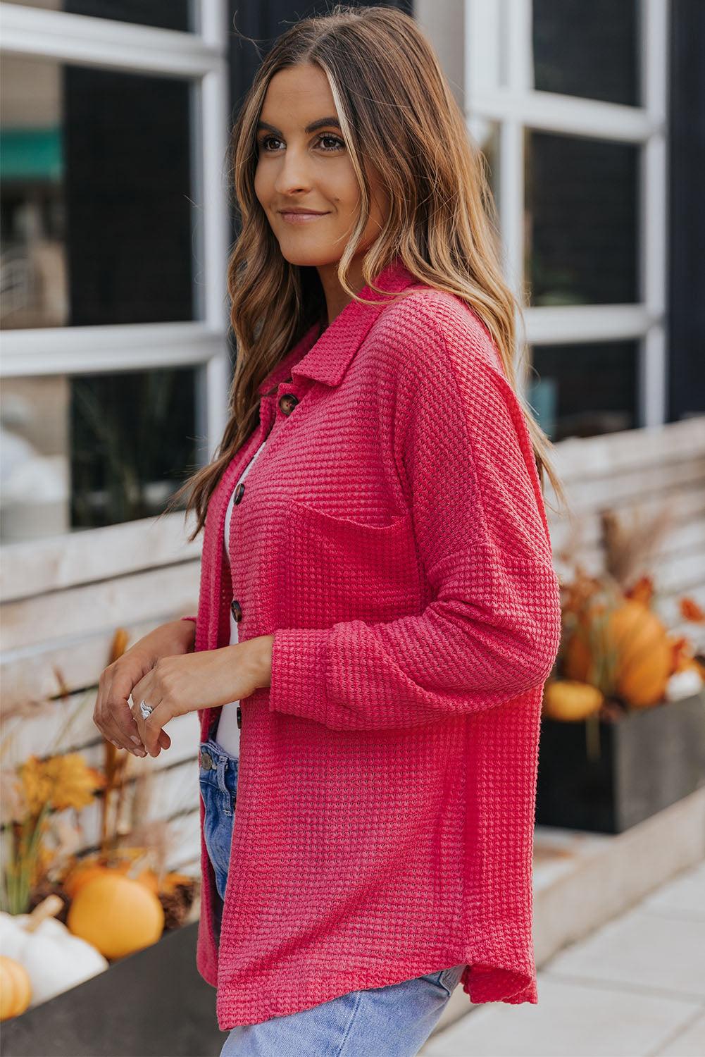 Get trendy with Waffle-Knit Collared Neck Dropped Shoulder Shirt - Tops available at Styles Code. Grab yours today!
