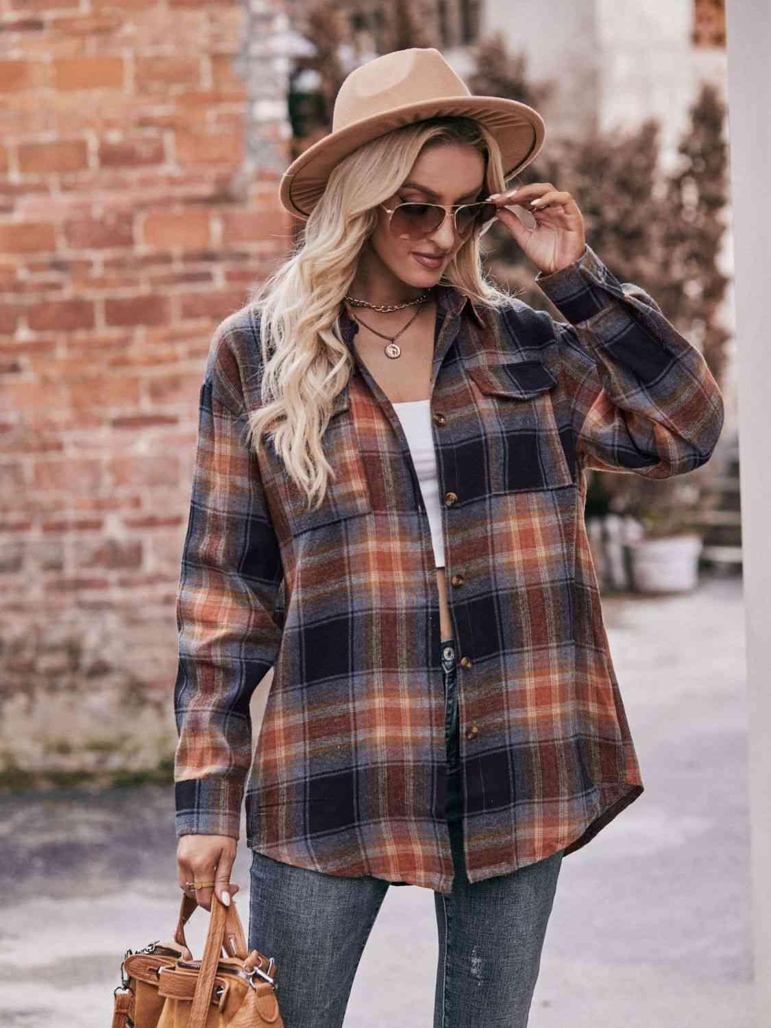 Get trendy with Plaid Dropped Shoulder Longline Shirt - Shirt available at Styles Code. Grab yours today!