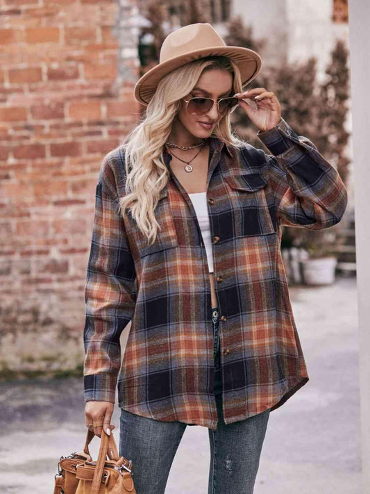 Get trendy with Plaid Dropped Shoulder Longline Shirt - Shirt available at Styles Code. Grab yours today!
