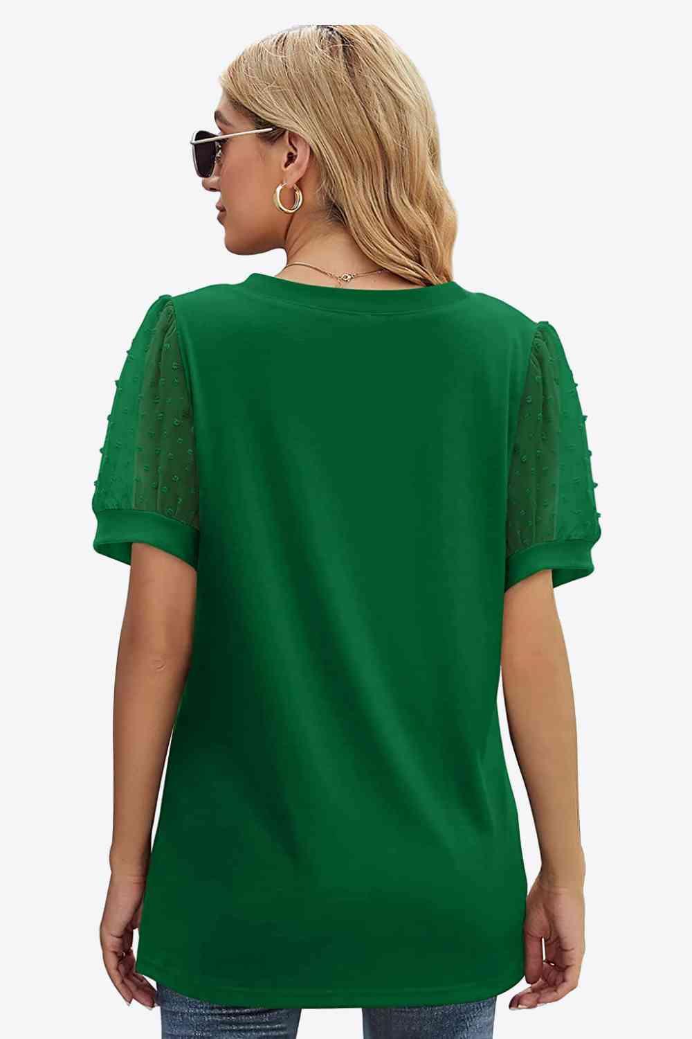 Get trendy with Swiss Dot Puff Sleeve V-Neck Tee - T-Shirt available at Styles Code. Grab yours today!