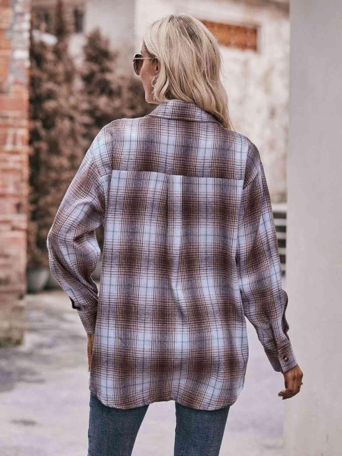 Get trendy with Plaid Dropped Shoulder Longline Shirt - Shirt available at Styles Code. Grab yours today!
