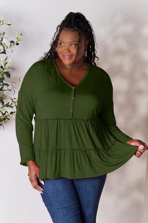 Get trendy with Half Button Ruffle Hem Blouse - Blouse available at Styles Code. Grab yours today!