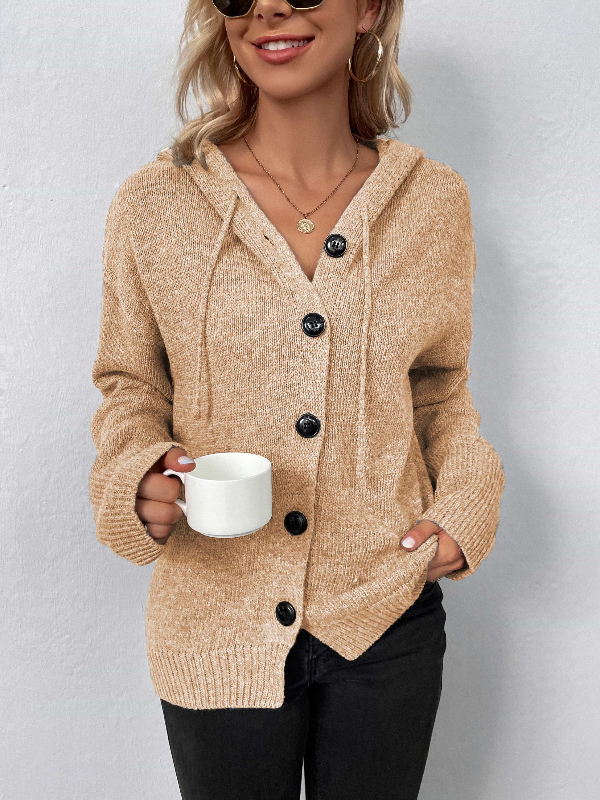 Get trendy with Button-Down Long Sleeve Hooded Sweater - Tops available at Styles Code. Grab yours today!