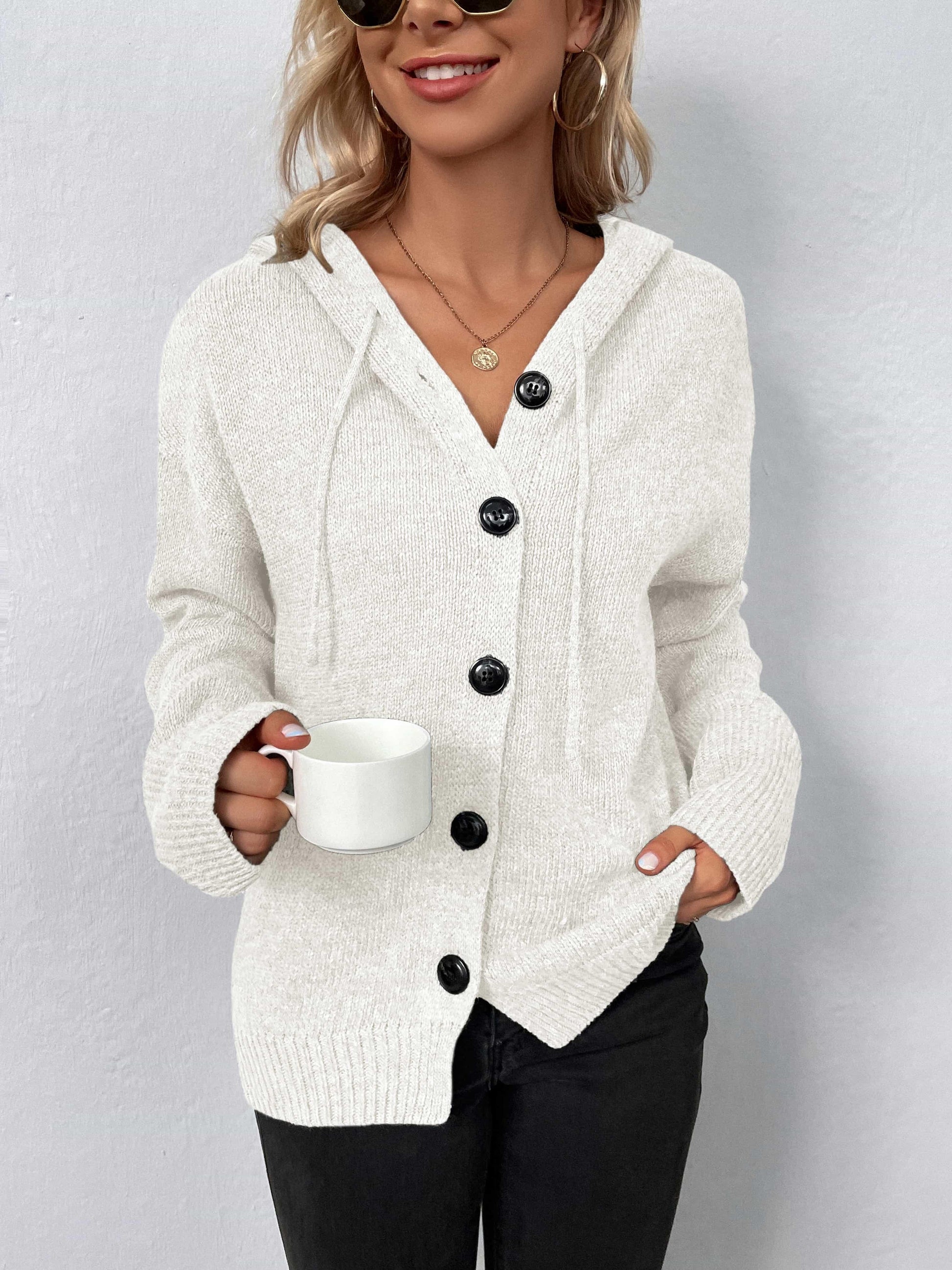 Get trendy with Button-Down Long Sleeve Hooded Sweater - Tops available at Styles Code. Grab yours today!