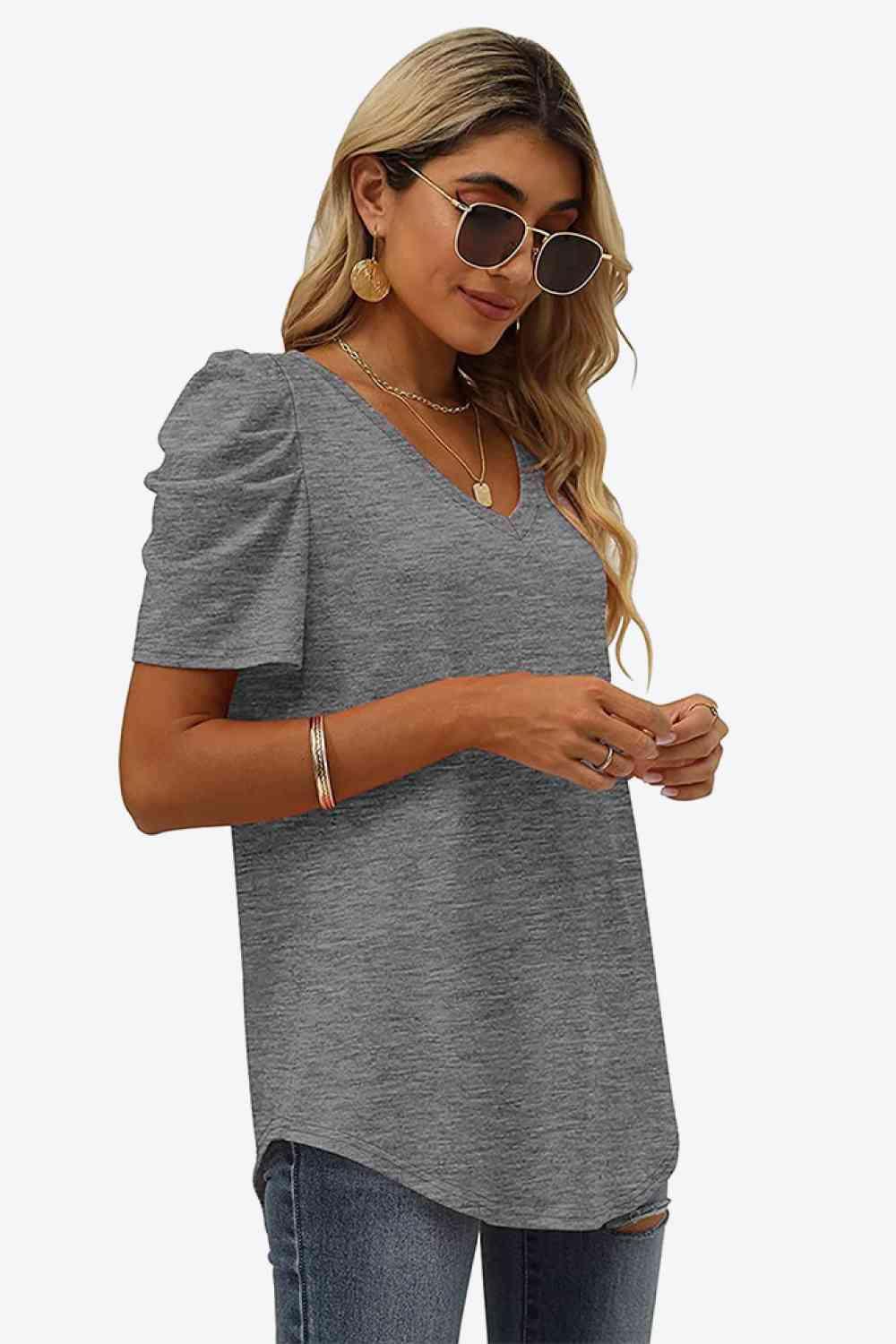 Get trendy with V-Neck Puff Sleeve Tee - T-Shirt available at Styles Code. Grab yours today!