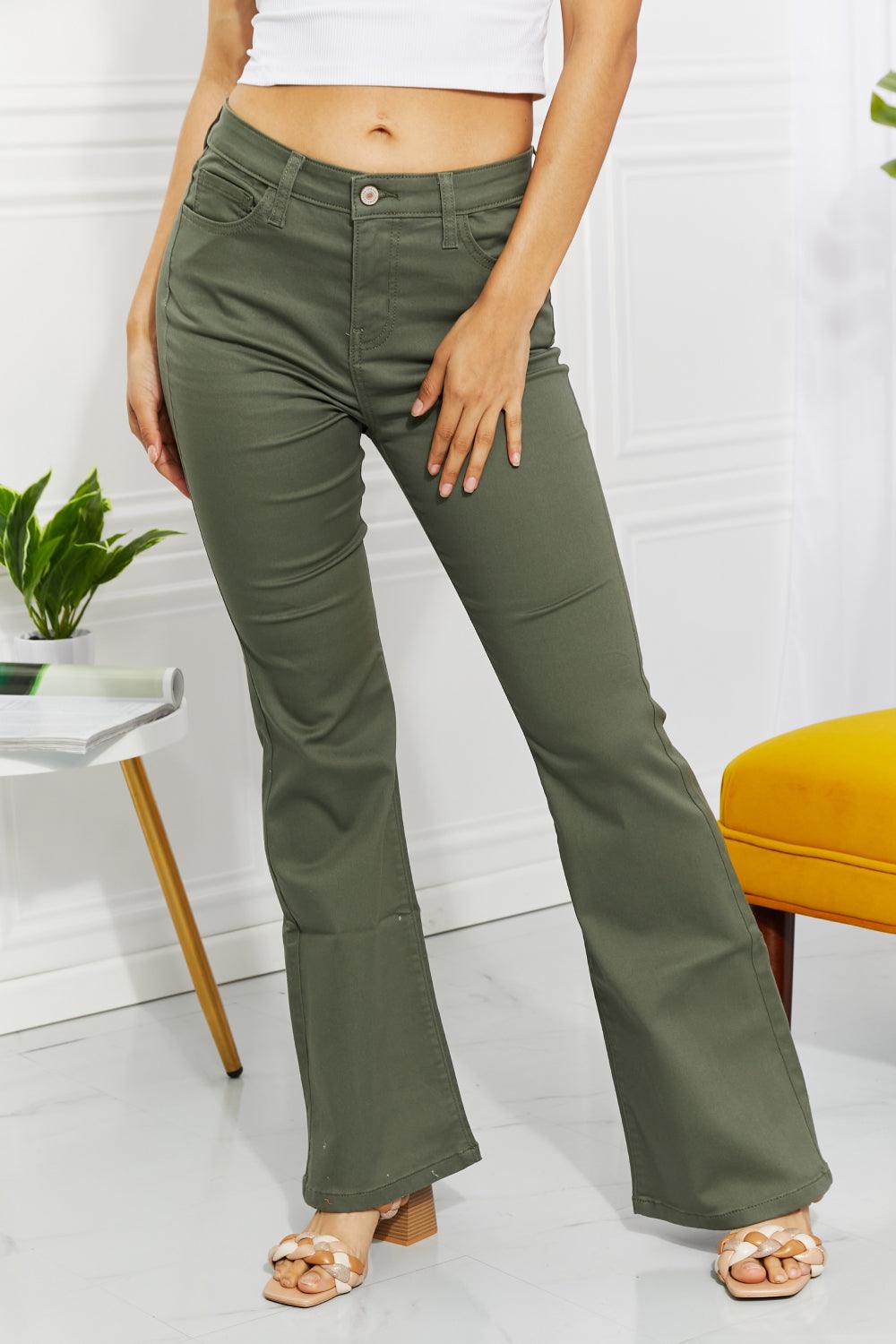 Get trendy with Full Size High-Rise Bootcut Jeans in Olive - Jeans available at Styles Code. Grab yours today!