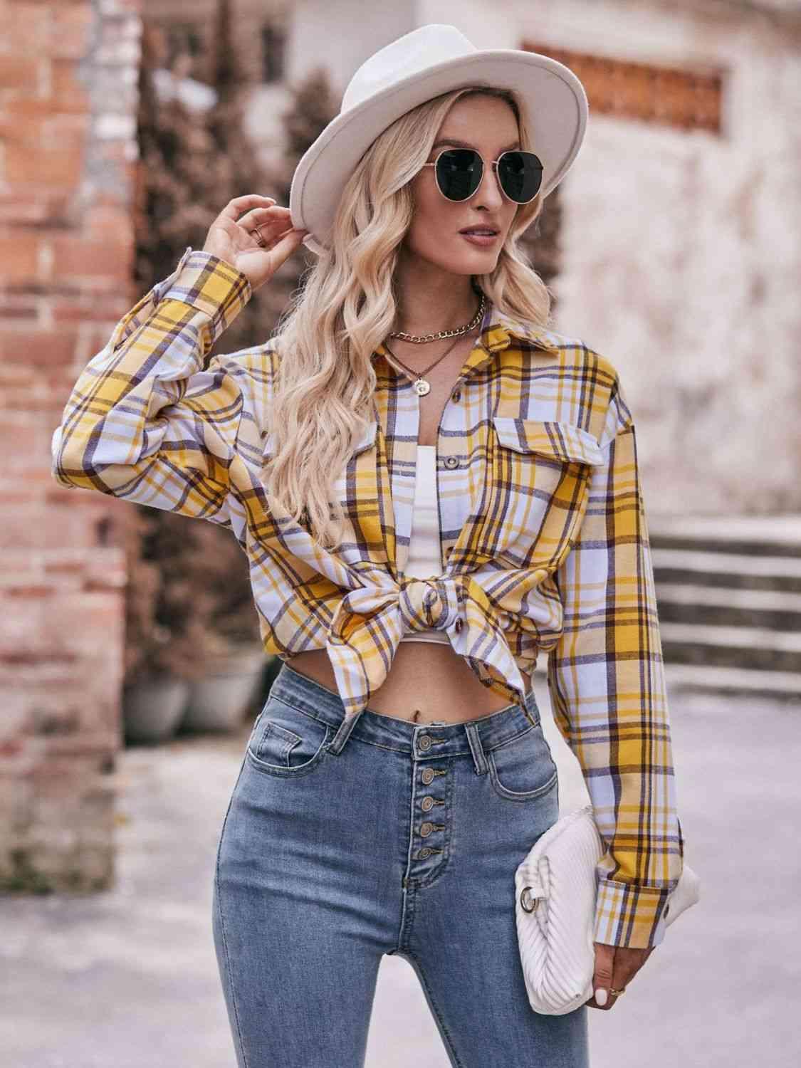 Get trendy with Plaid Dropped Shoulder Longline Shirt - Shirt available at Styles Code. Grab yours today!