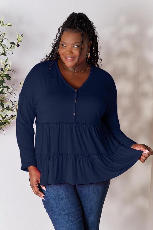 Get trendy with Half Button Ruffle Hem Blouse - Blouse available at Styles Code. Grab yours today!