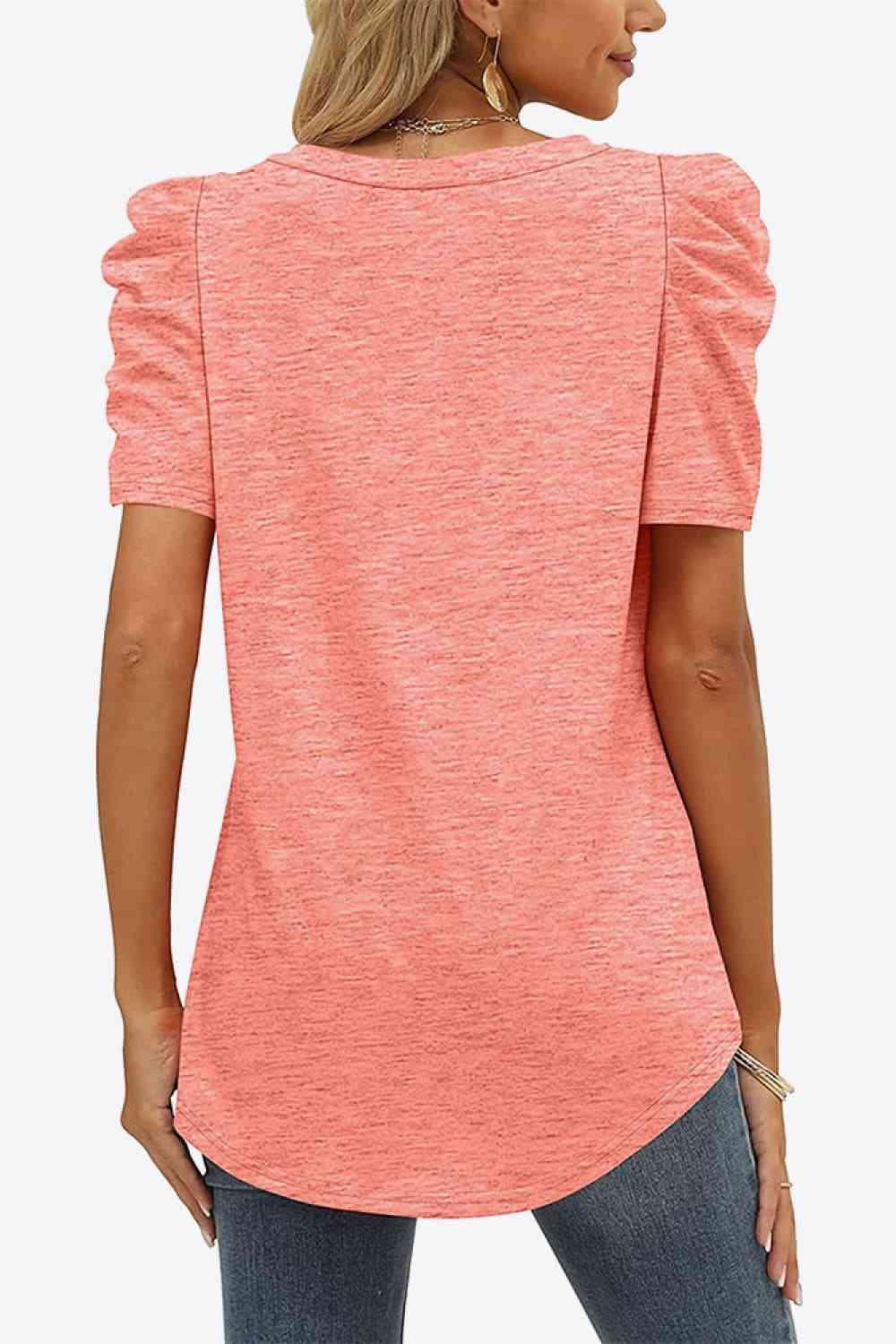 Get trendy with V-Neck Puff Sleeve Tee - T-Shirt available at Styles Code. Grab yours today!