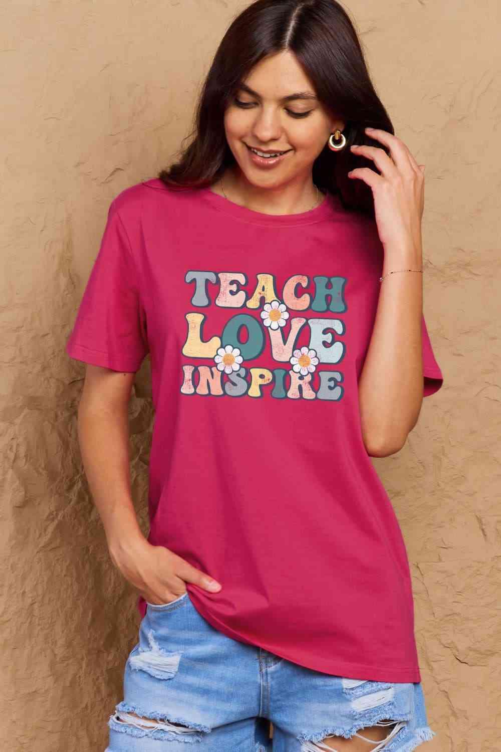 Get trendy with Full Size TEACH LOVE INSPIRE Graphic Cotton T-Shirt - T-Shirt available at Styles Code. Grab yours today!
