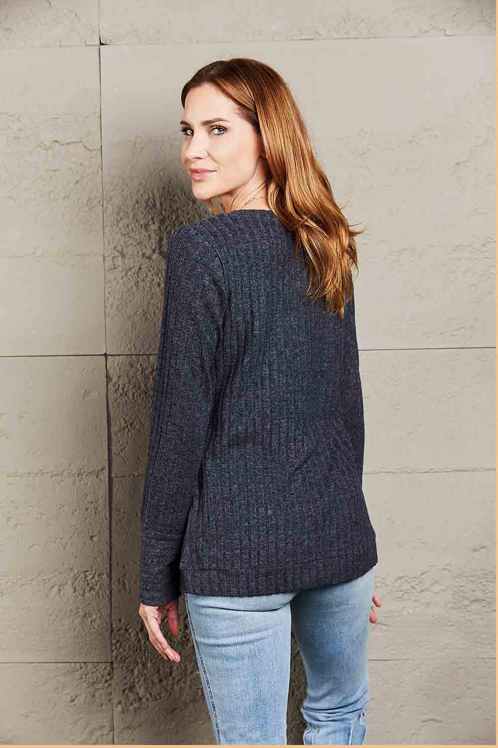 Get trendy with V-Neck Long Sleeve Ribbed Top - Tops available at Styles Code. Grab yours today!
