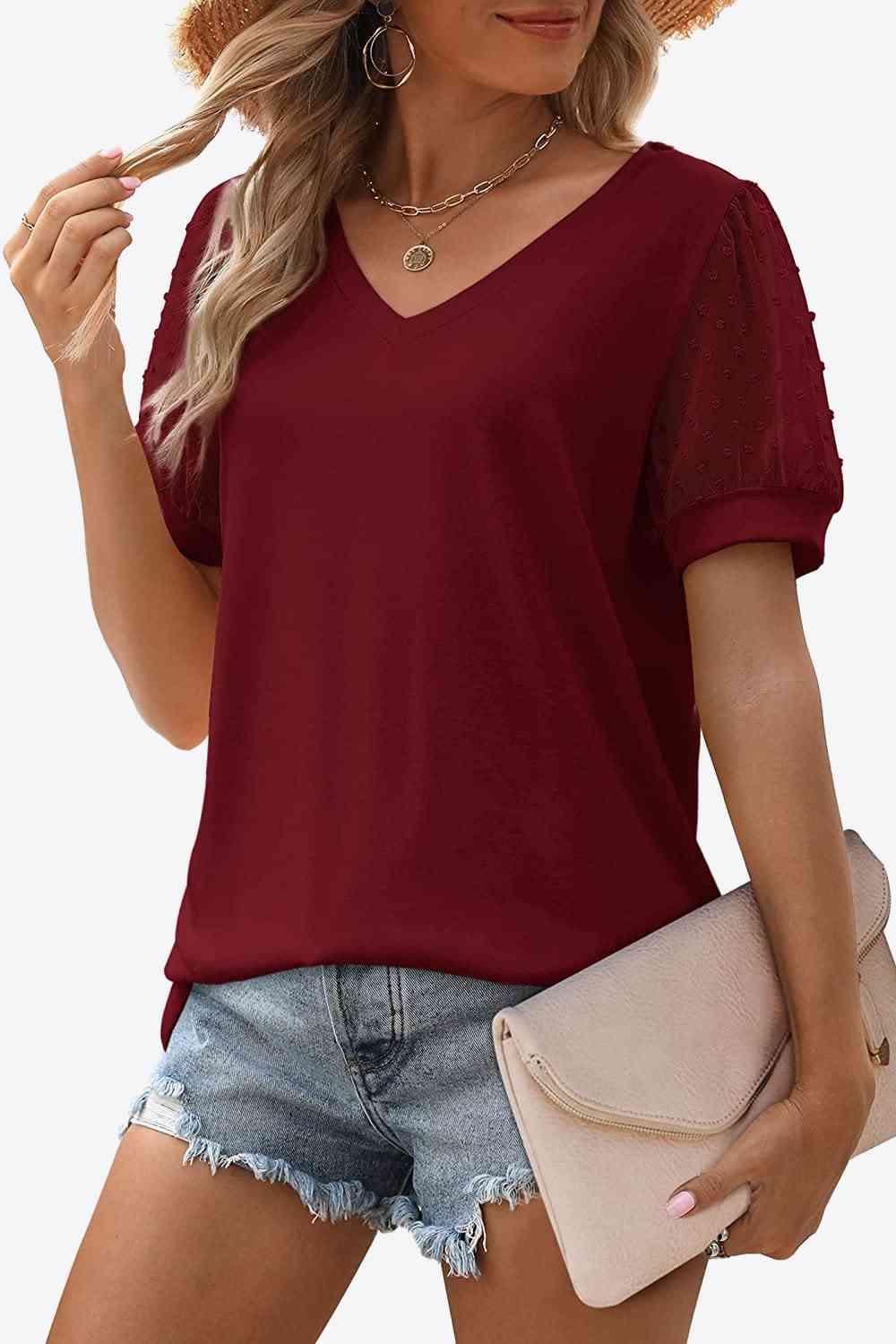 Get trendy with Swiss Dot Puff Sleeve V-Neck Tee - T-Shirt available at Styles Code. Grab yours today!