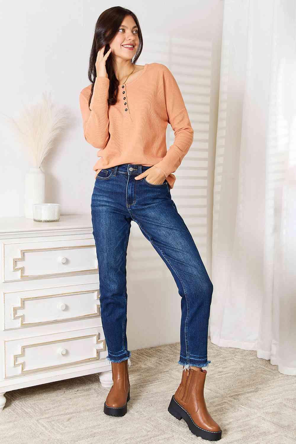 Get trendy with Half Button Long Sleeve Top - Tops available at Styles Code. Grab yours today!