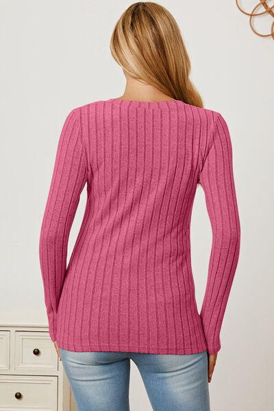 Get trendy with Full Size Ribbed V-Neck Long Sleeve T-Shirt - available at Styles Code. Grab yours today!