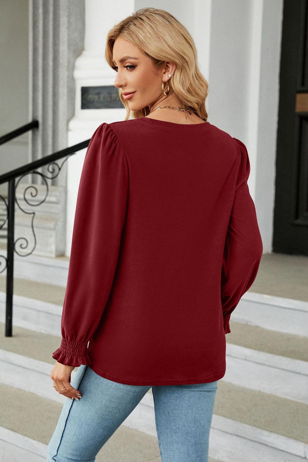 Get trendy with Round Neck Smocked Flounce Sleeve Blouse - Tops available at Styles Code. Grab yours today!