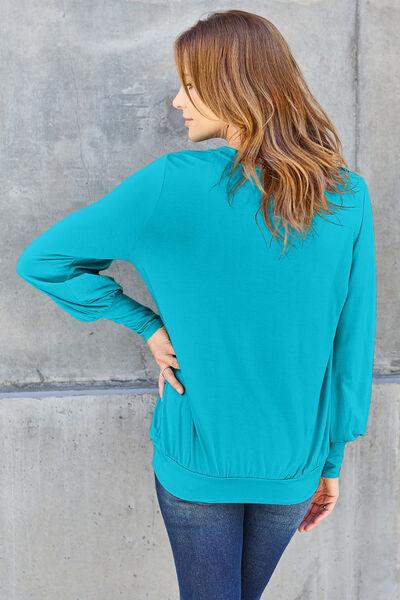 Get trendy with Full Size V-Neck Lantern Sleeve Blouse - Blouse available at Styles Code. Grab yours today!