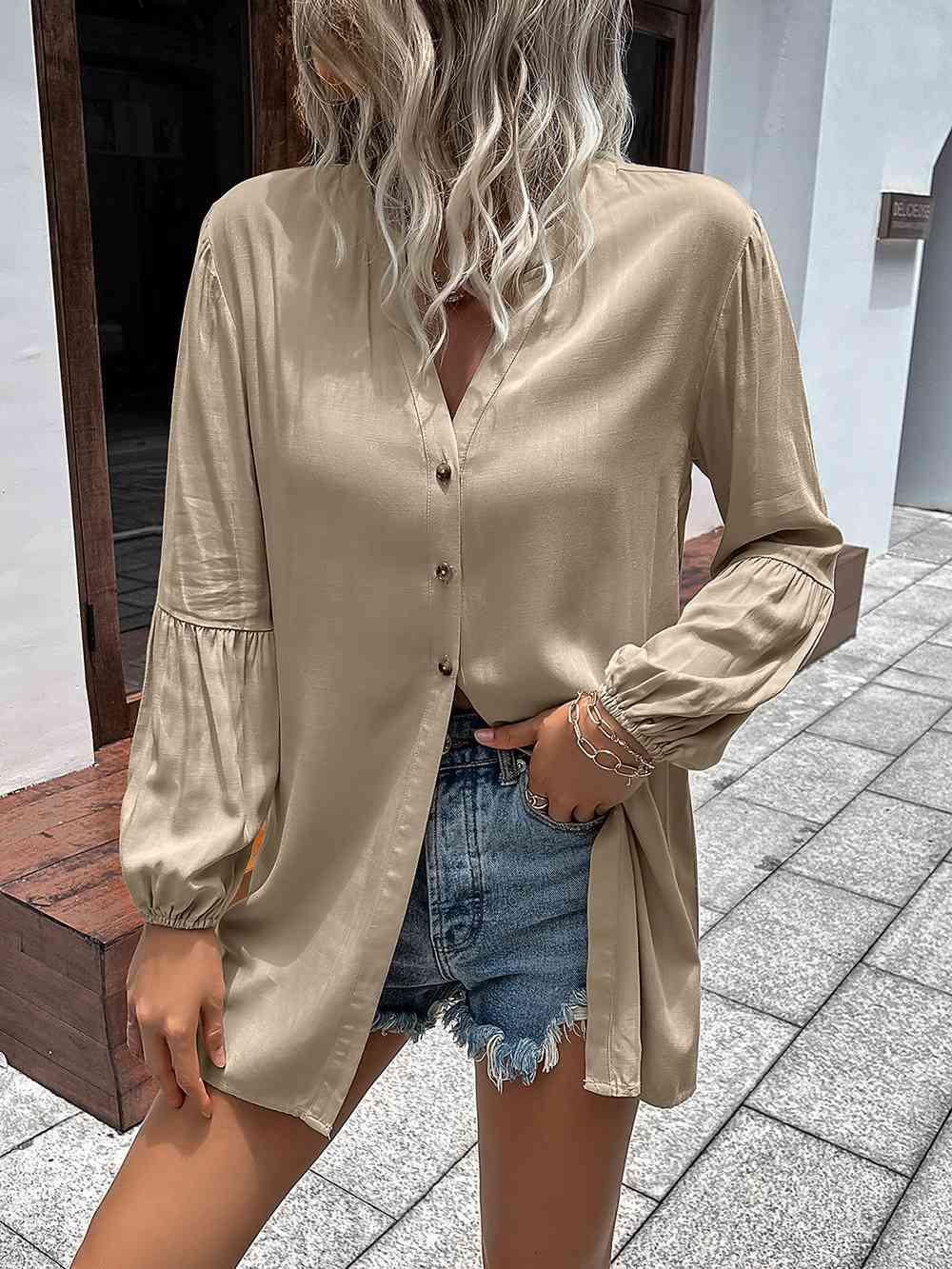 Get trendy with Notched Neck Balloon Sleeve Shirt - Shirt available at Styles Code. Grab yours today!