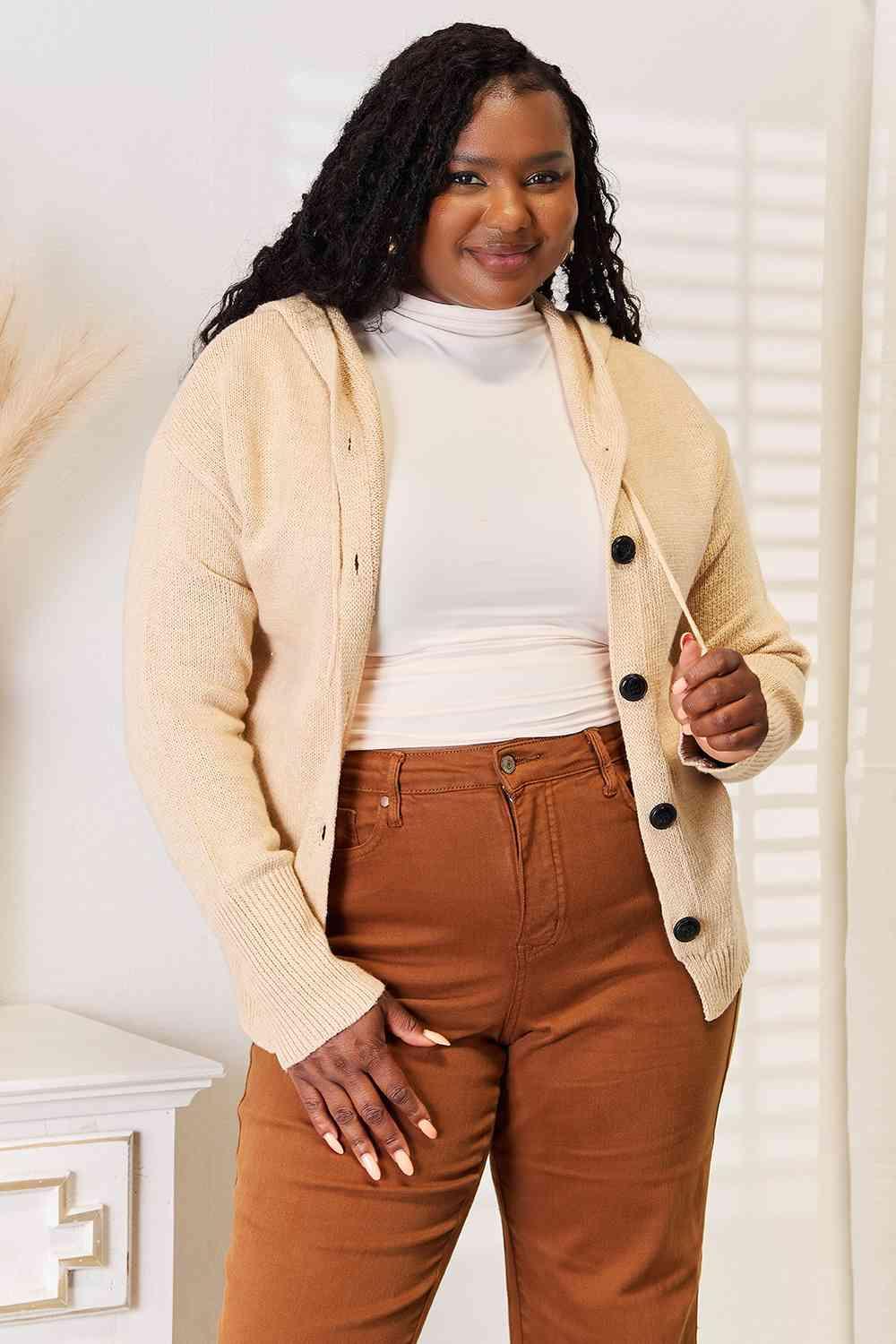 Get trendy with Button-Down Long Sleeve Hooded Sweater - Sweater available at Styles Code. Grab yours today!