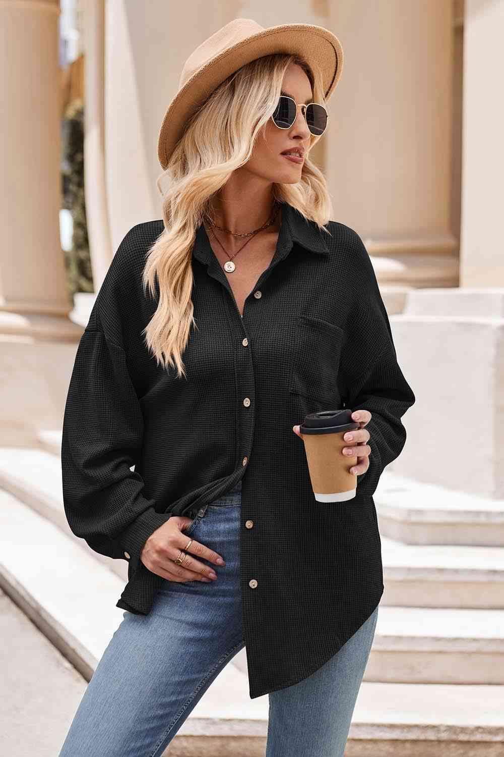 Get trendy with Collared Neck Dropped Shoulder Shirt - Shirt available at Styles Code. Grab yours today!