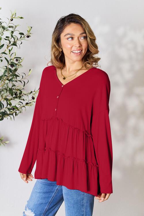 Get trendy with Half Button Ruffle Hem Blouse - Blouse available at Styles Code. Grab yours today!