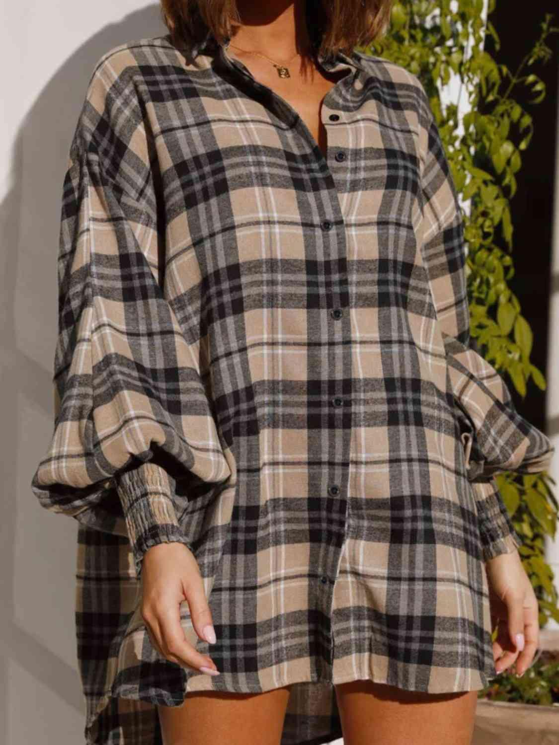 Get trendy with Plaid Lantern Sleeve Shirt - Shirt available at Styles Code. Grab yours today!