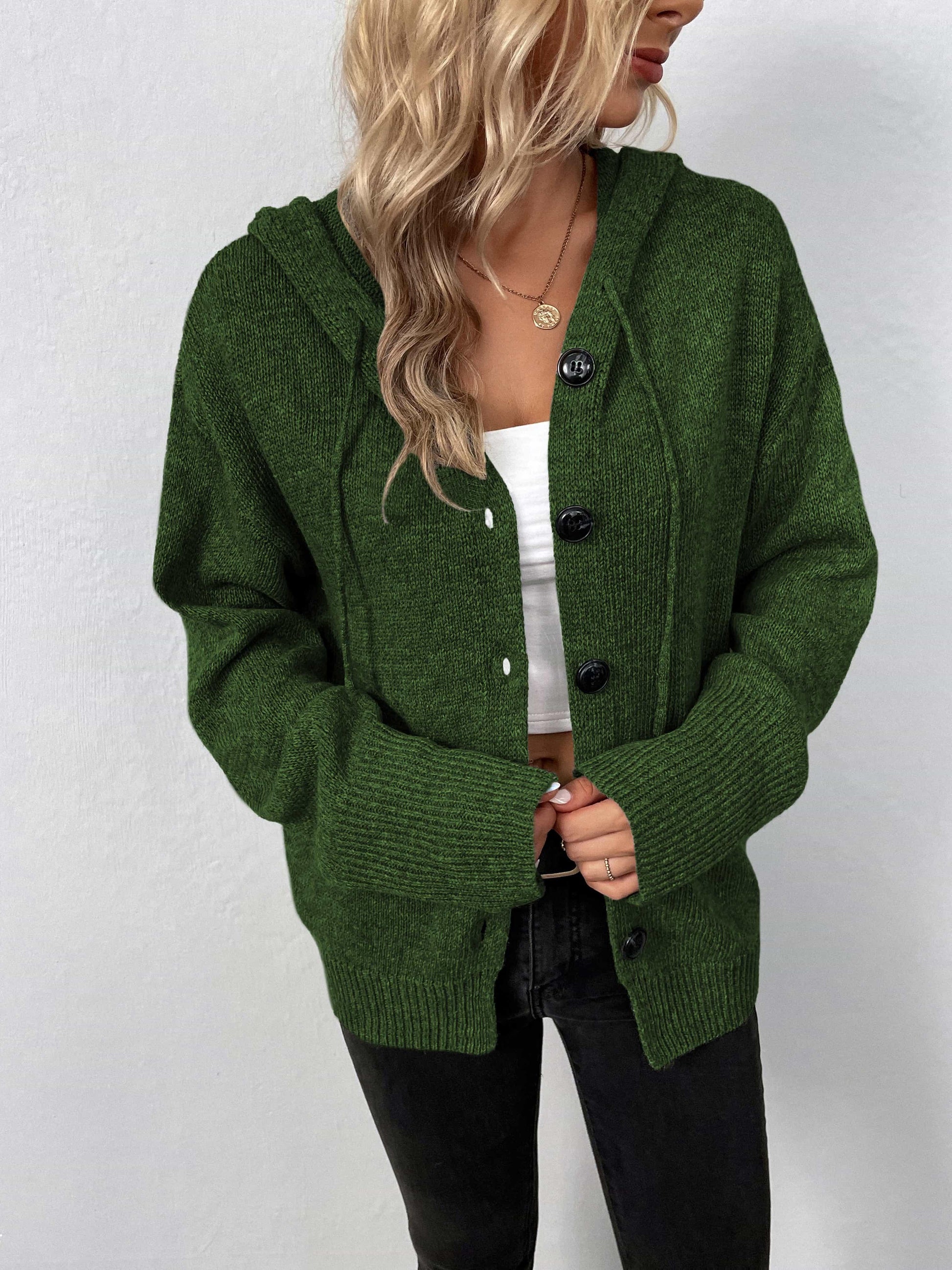 Get trendy with Button-Down Long Sleeve Hooded Sweater - Tops available at Styles Code. Grab yours today!