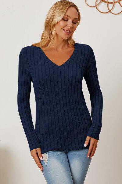 Get trendy with Full Size Ribbed V-Neck Long Sleeve T-Shirt - available at Styles Code. Grab yours today!